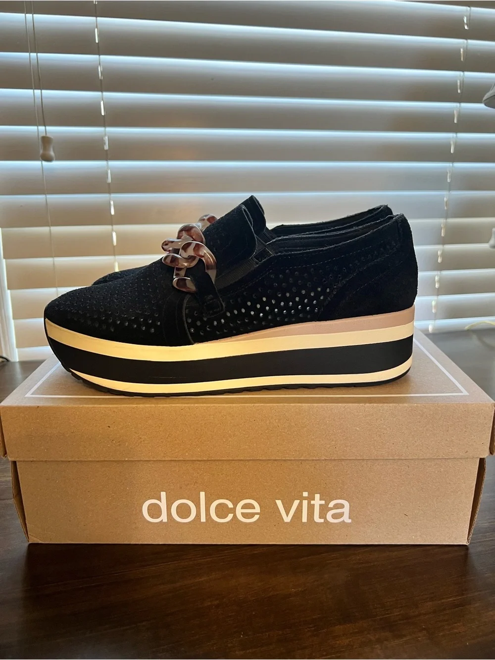 Dolce Vita Black Suede Platform Slip-On Sneakers with Tortoiseshell Chain